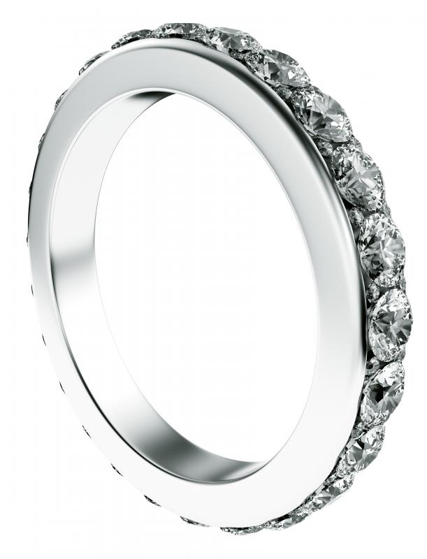 An eternity ring with a row of diamonds around the entire circumference.