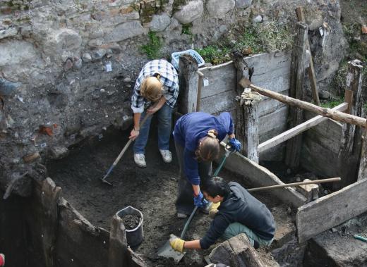 Archaeologists work in offices and in the field.