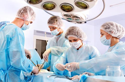 Scrub nurses work with the surgical team in the operating room of a hospital.