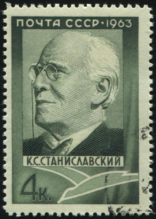 A postage stamp with a portrait of Constantin Stanislavski, the creator of the Stanislavski method of acting.